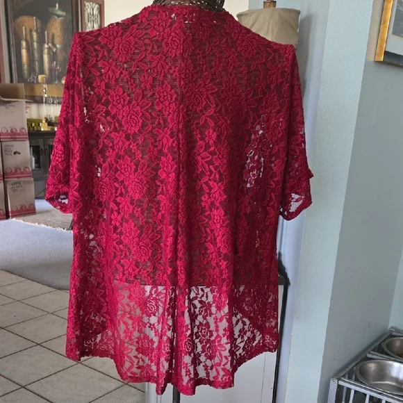Red Lace Open-Front Cardigan - Picture 6 of 8